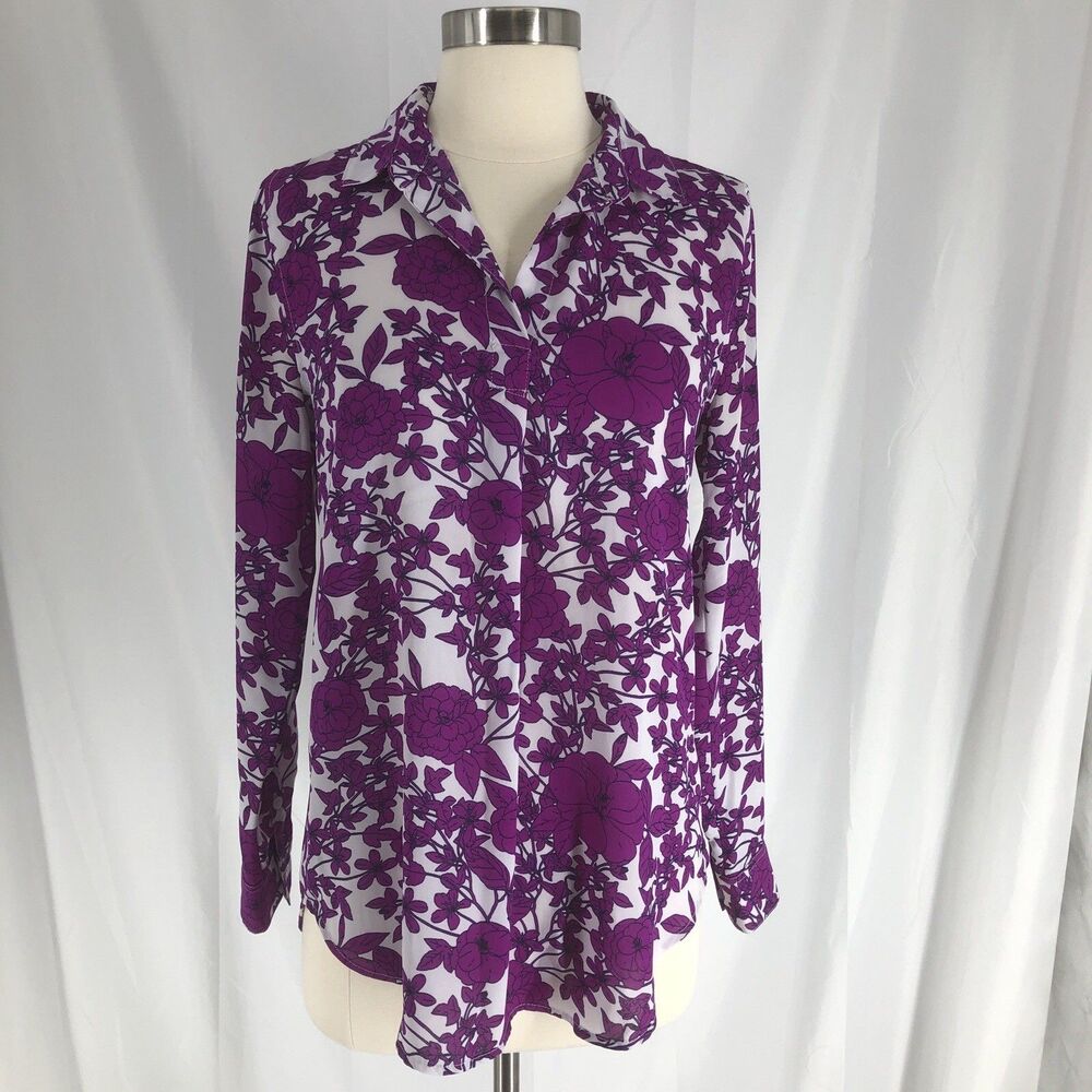 Banana Republic Boyfriend Fit Buttons Back Floral Purple Blouse Sz XS
